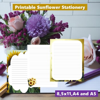 Preview of Sunflower-themed printable stationery is available as a digital download with 10
