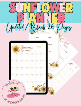 Preview of Sunflower undated planner (Organization Planner with Goals, Meal Plan pages)