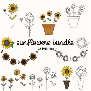 Sunflowers Clipart Bundle - Spring Flowers Clipart - Sunflowers Doodles