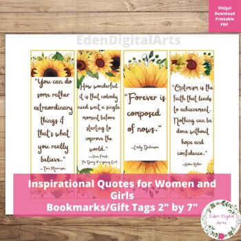 Preview of Sunflowers Inspirational Bookmarks Cards Women's History Famous Females Quotes