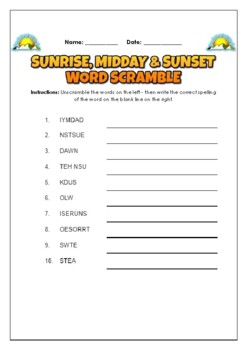Sunrise Midday Sunset: 2 Science Puzzles: Wordsearch Word Scramble