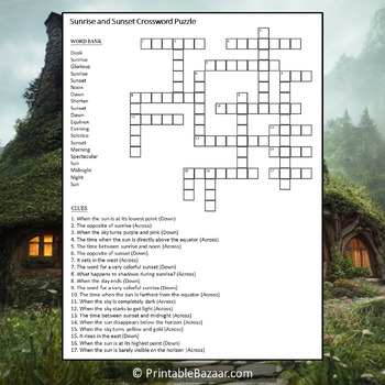 Sunrise and Sunset Crossword Puzzle Worksheet Activity by Crossword Corner