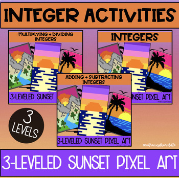 Preview of Sunset Themed Integers Pixel Art BUNDLE for Middle School Math