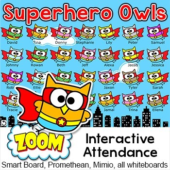 Preview of Superhero Owls Theme Attendance for All Interactive Whiteboards and Smartboards