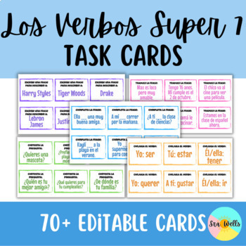 Preview of Super 7 High Frequency Verbs Spanish EDITABLE Task Cards + Notes Present Tense