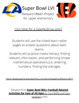 Preview of Super Bowl 2022 (LVI) Research/Math Project (Elementary)