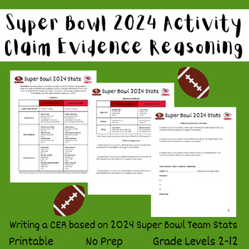 Preview of Super Bowl 2024 Activity - Claim Evidence Reasoning - Data Analysis - Printable