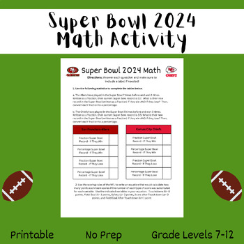 Preview of Super Bowl 2024 Activity - Middle School - High School Math (Algebra) Printable