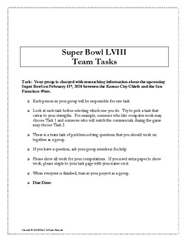 Preview of Super Bowl LVIII Middle School Math Group Project Problem Solving Football 2024