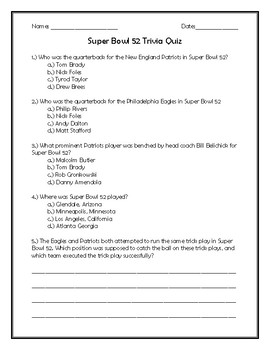Super Bowl 52 Trivia Quiz By Teacher Chip S School Store Tpt