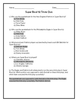 SOLUTION: Free printable super bowl trivia quiz answer key - Studypool