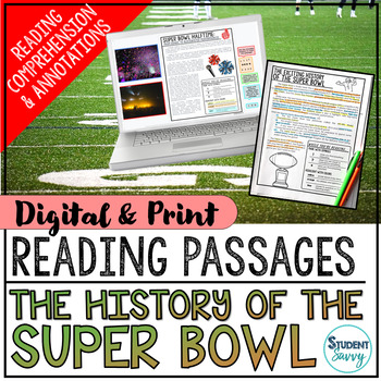 Preview of Super Bowl 2024 Reading Passages History Football Halftime Superbowl Fun No Prep