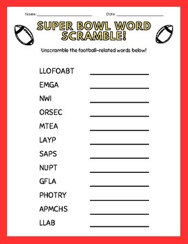 2024 Super Bowl LVIII Word Scramble! (FOOTBALL THEMED WORDS WITH ANSWER ...