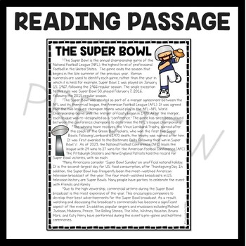 Super Bowl Reading Comprehension Worksheet focusing on Central Idea