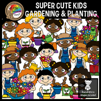 kids planting flowers clipart