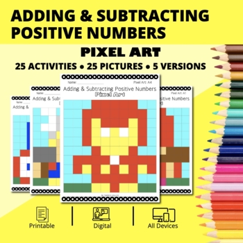 Preview of Super Hero: Adding & Subtracting Positive Numbers Pixel Art Activity