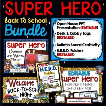 Preview of Super Hero Back To School BUNDLE  |  Presentation, Tags, Folders, Craftivity