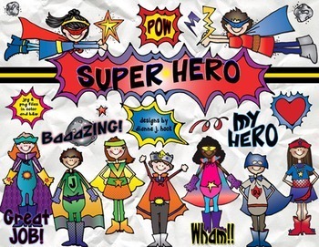 Preview of Super Hero Clip Art - Superhero Kids, Words and Borders by DJ Inkers