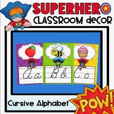 Cursive Alphabet Posters in a Superhero Classroom Decor Theme