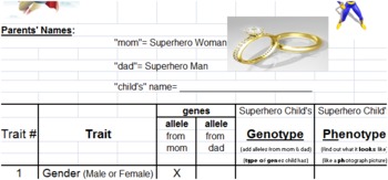 Preview of Super Hero Genetics Student page worksheet data table only