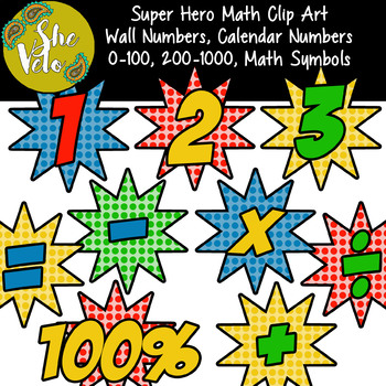 Preview of Super Hero Wall Numbers 0-100, Calendar Numbers, Math Symbols, Clip Art