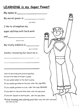 Super Hero Worksheet / Color sheet, glyph Grades 1 -5 Your Super Power
