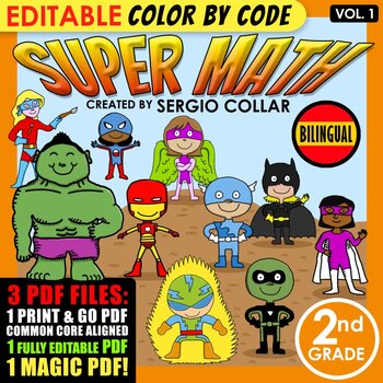 Preview of Super Math – 2nd Grade – Color by Code – BILINGUAL+EDITABLE