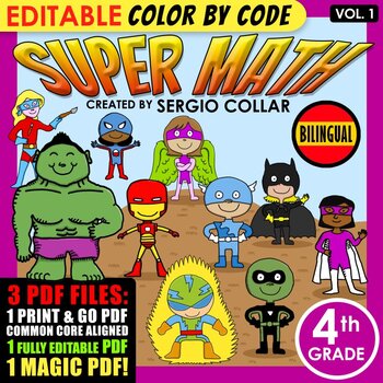 Preview of Super Math – 4th Grade – Color by Code – BILINGUAL+EDITABLE
