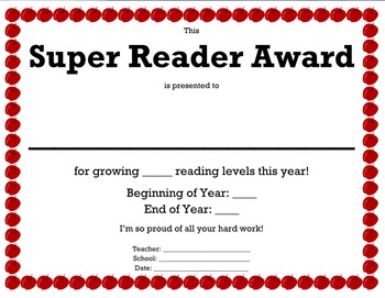 Preview of Super Reader Award - TRC Reading Level