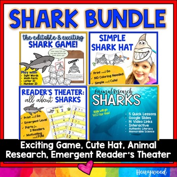 Preview of SHARK BUNDLE! Perfect for " Shark Week ": Game, Hat, Research, Reading . Spring 
