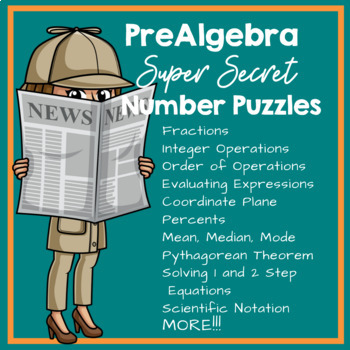 Preview of PreAlgebra Super Secret Number Puzzles Bundle Percent Equations Slope
