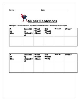 Preview of Super Sentence Worksheet/Template