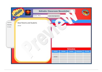 Preview of Super hero inspired classroom newsletter template editable