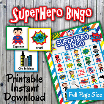 Preview of SuperHero Bingo Cards and Memory Game - Printable - Up to 30 players