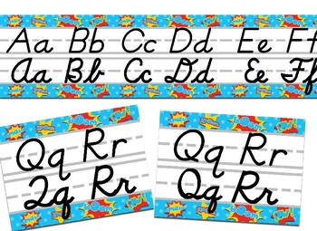 superhero themed cursive and print alphabet strip by fun