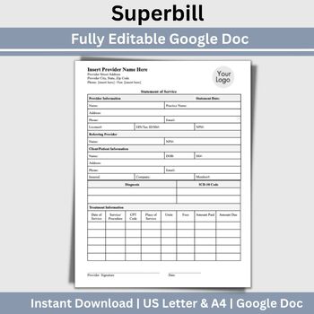 Preview of Superbill Template for Mental Health Clinicians, Editable Google Doc