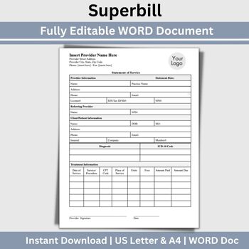 Preview of Superbill Template for Mental Health Clinicians, Editable WORD Doc, Counseling