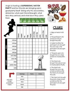 Preview of Superbowl Party 2024 - Critical Thinking Grid Logic Puzzle with Coloring Pages
