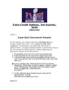 Preview of Superbowl 58 -- XLVIII February 11, 2024 Extra Credit Writing Options