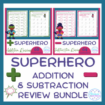 Preview of Superhero Addition & Subtraction Review Worksheets Bundle