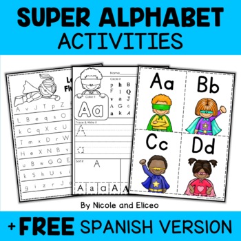 Preview of Superhero Alphabet Worksheets + FREE Spanish