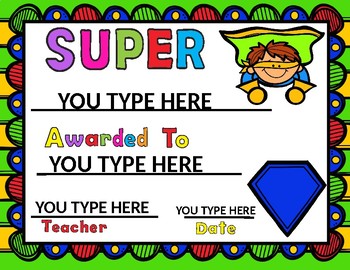 Preview of Superhero Awards EDITABLE:  YOU MAKE YOUR OWN CERTIFICATES