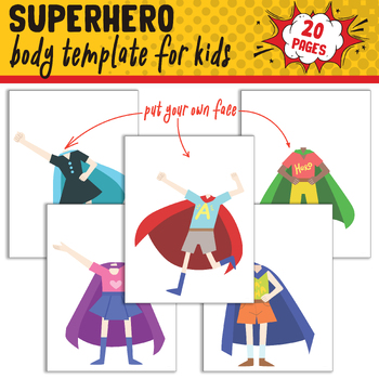 Preview of Superhero Body Template Set with Customizable Faces, 20 Pages, PDF File
