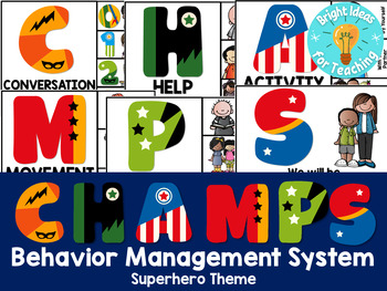 Preview of Superhero CHAMPS Behavior Management Charts PBIS (with Picture Cues) Editable