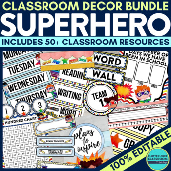 Preview of Superhero Classroom Decor Bundle Printables Editable Superhero Theme Decorations