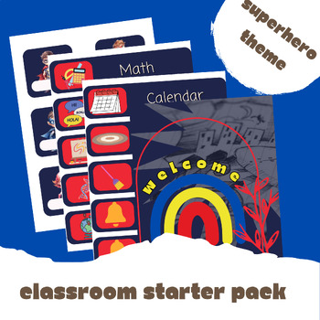 Preview of Superhero Classroom Pack: Schedule Cards, Labels, Alphabet and Number Posters