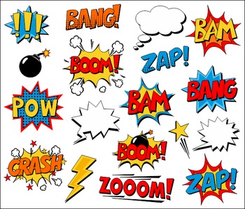 Pow Hello Cool Bang clipart set Comic Book Clip Art Sounds Sayings Boom Comic Text Speech Bubbles Superhero Clipart Bam 300 dpi