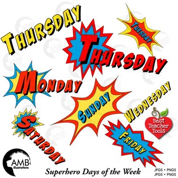 Preview of Superhero Clipart Days of the Week Full Color Clipart, Back to School, AMB-2027