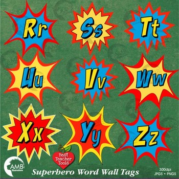 Superhero Clipart, Word Wall Tags Clipart, Letters Bursts, AMB-2219