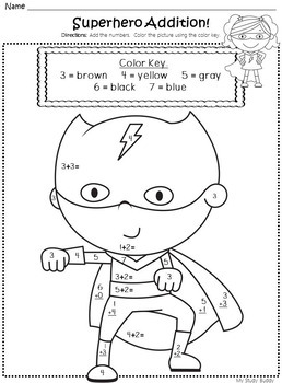 superhero color by number addition subtraction counting